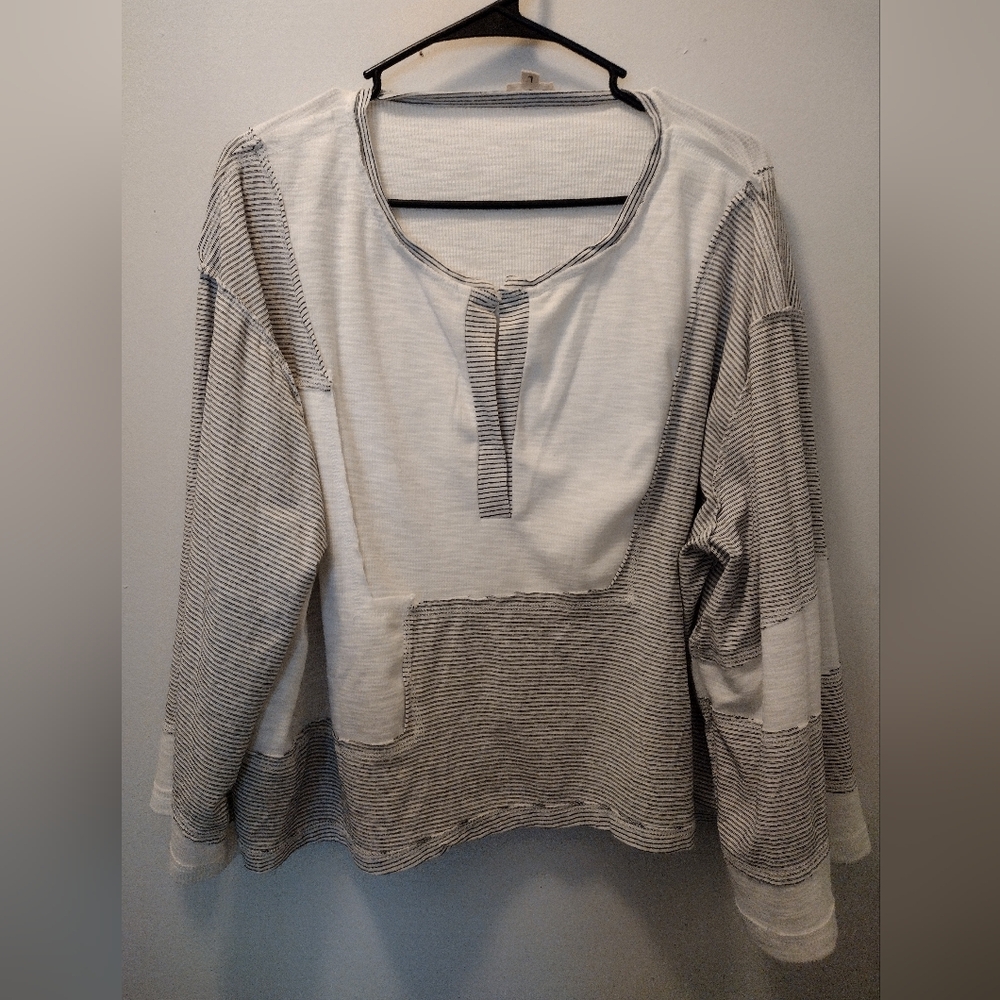 Pol Striped Long Sleeve Henley Shirt - Cream & Gray